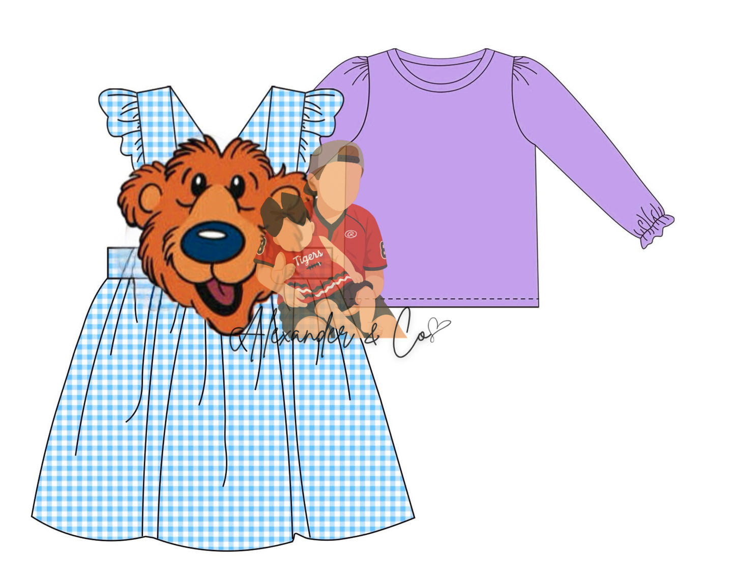 RTS Blue House Bear Applique Dress Set