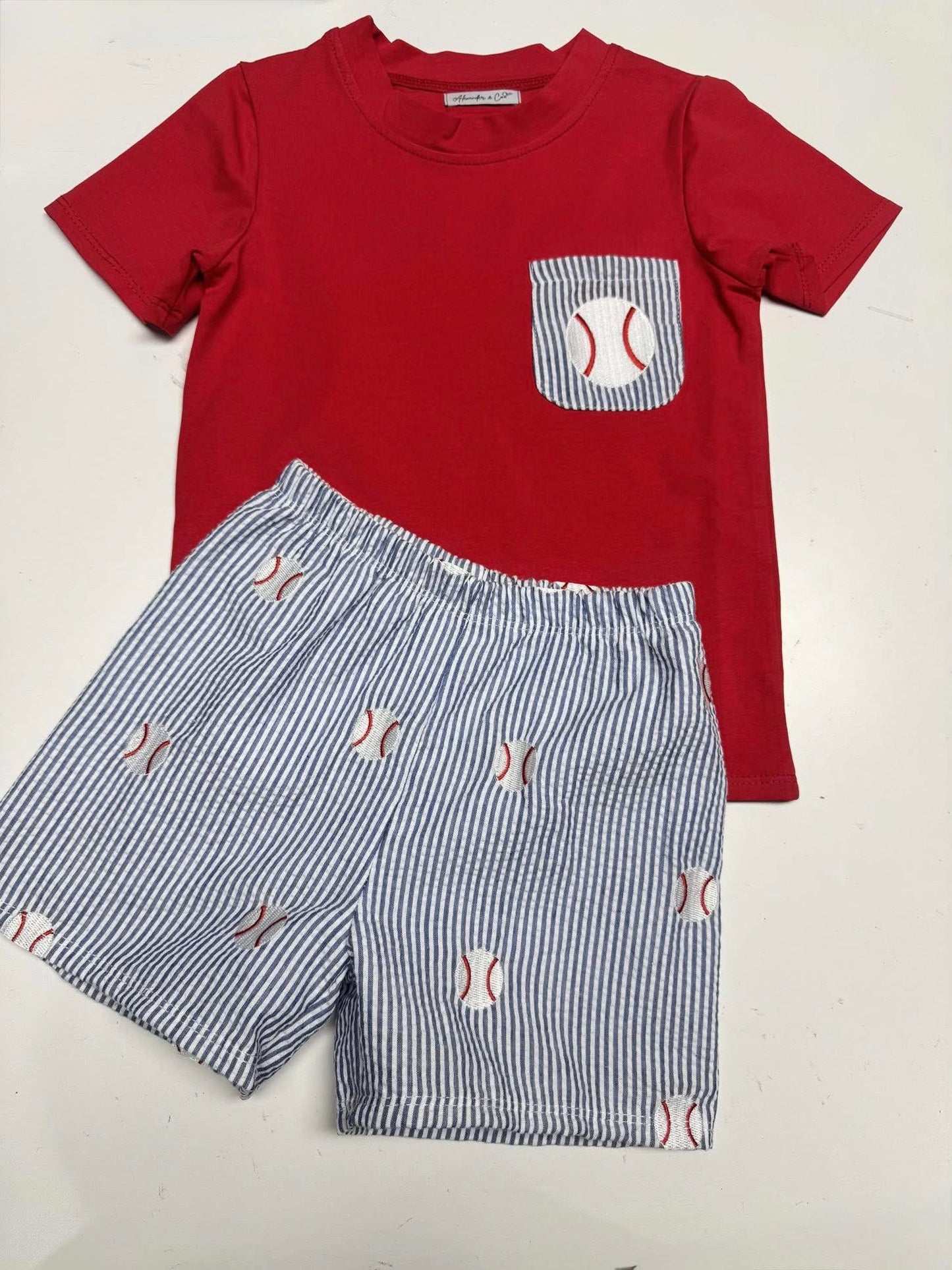 RTS Seersucker Embroidered Baseball Boys Shorts Set