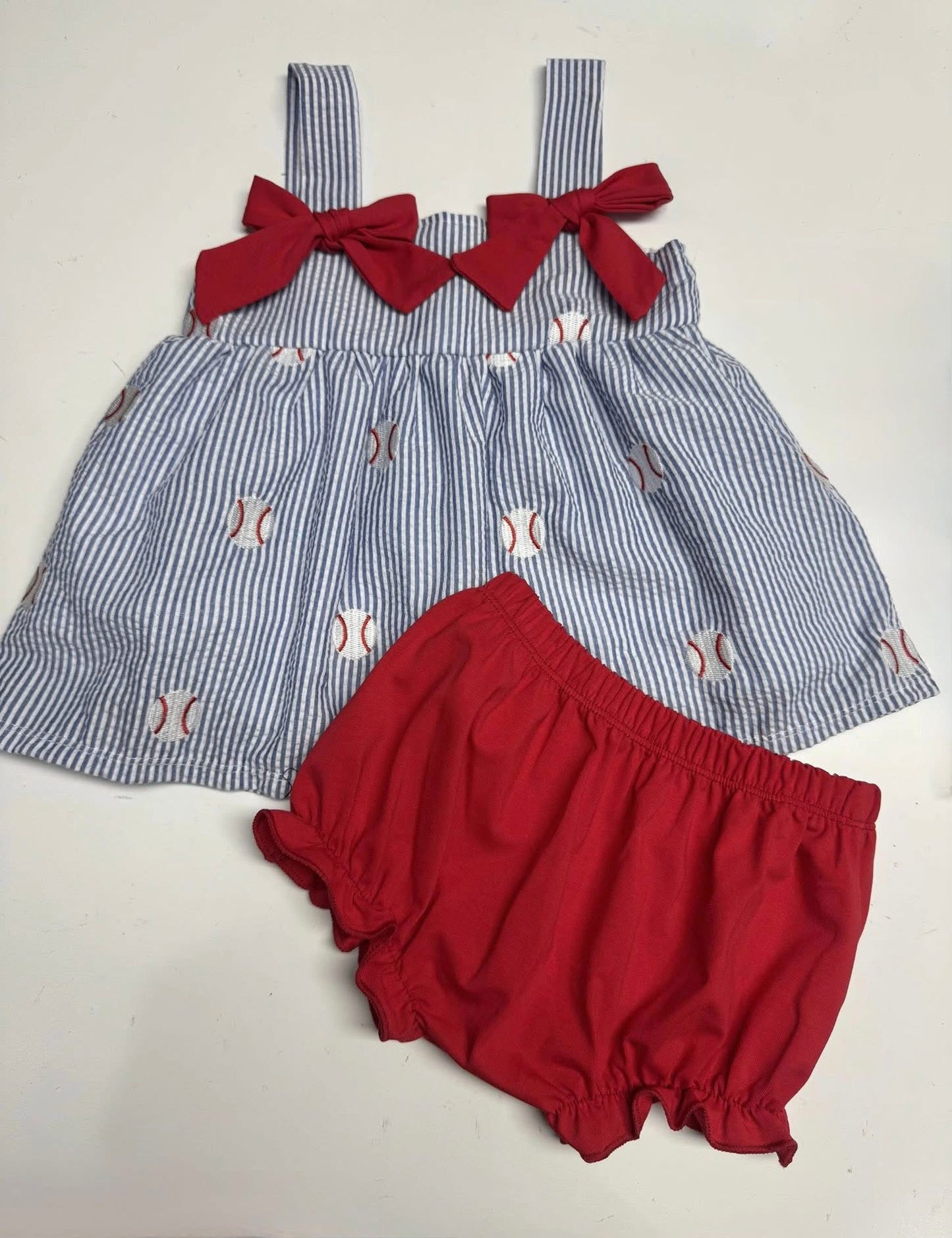 RTS Seersucker Embroidered Baseball Girls Diaper Set