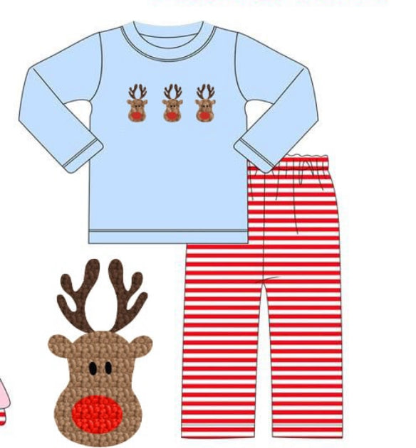 RTS French Knot Blue Reindeer Boy Set