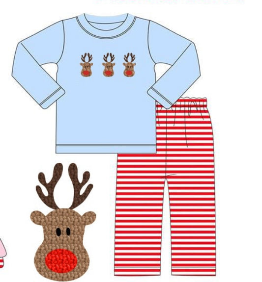 RTS French Knot Blue Reindeer Boy Set