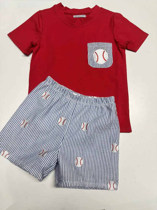 RTS Seersucker Embroidered Baseball Boys Shorts Set